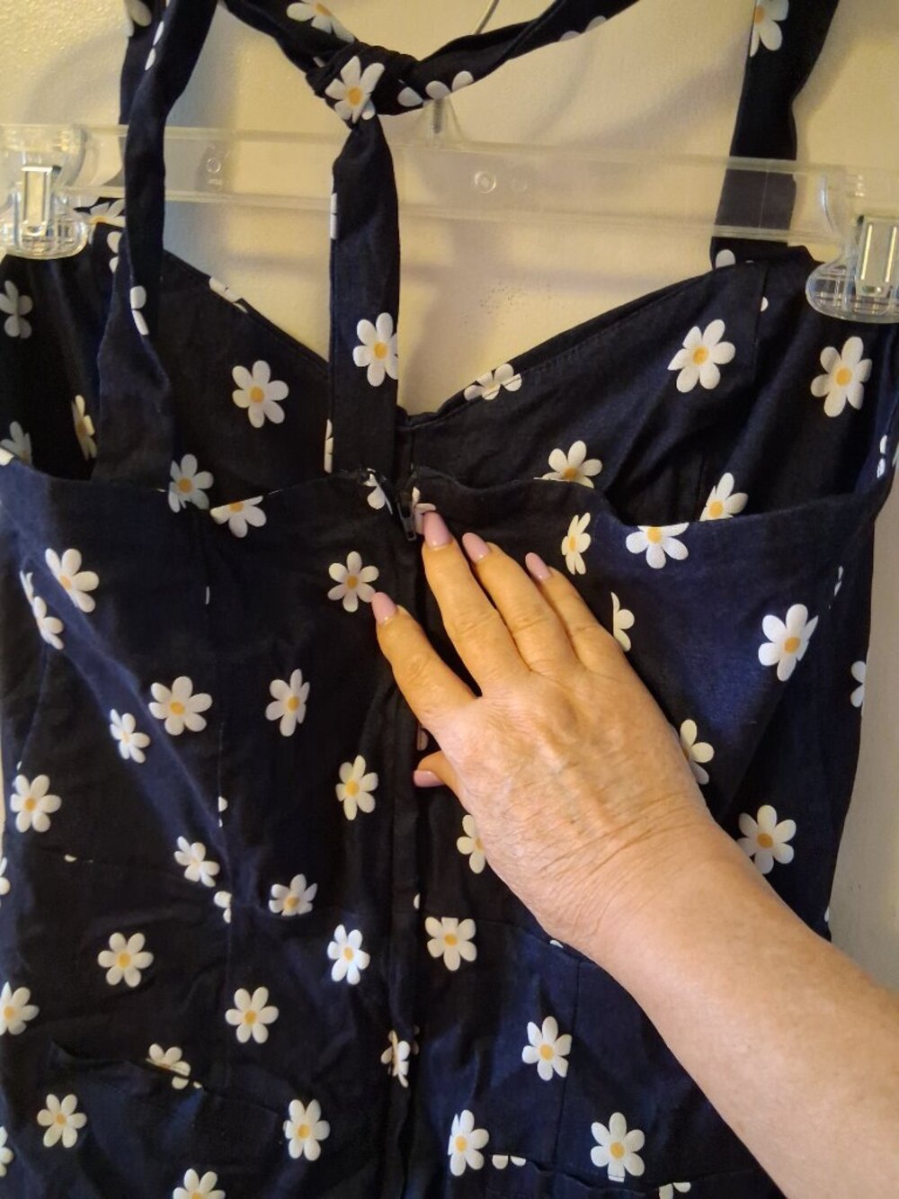 Daisy Print Denim Marcel Halter Jumpsuit, L - Picture 5 of 7
